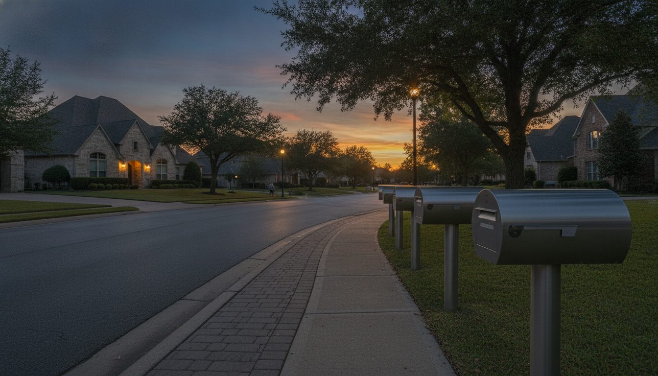 A row of suburban mailboxes at dusk under soft golden lighting.