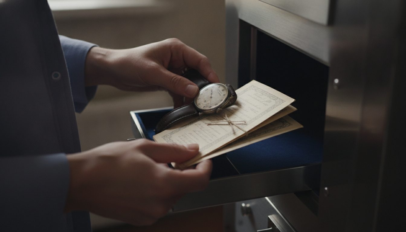 A close-up of a person's hands removing items from a safe deposit box.