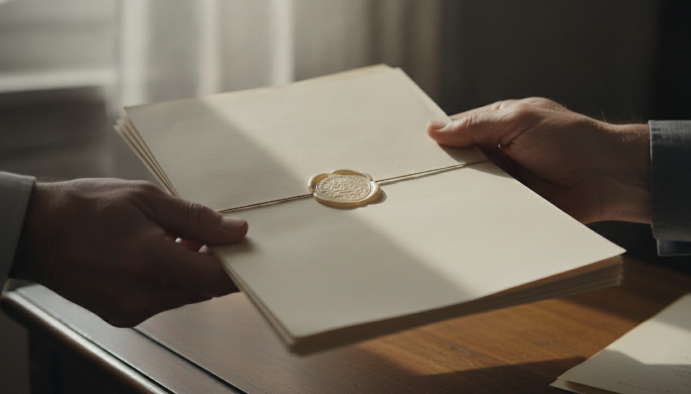 A person's hands holding a collection of official estate and legal papers.