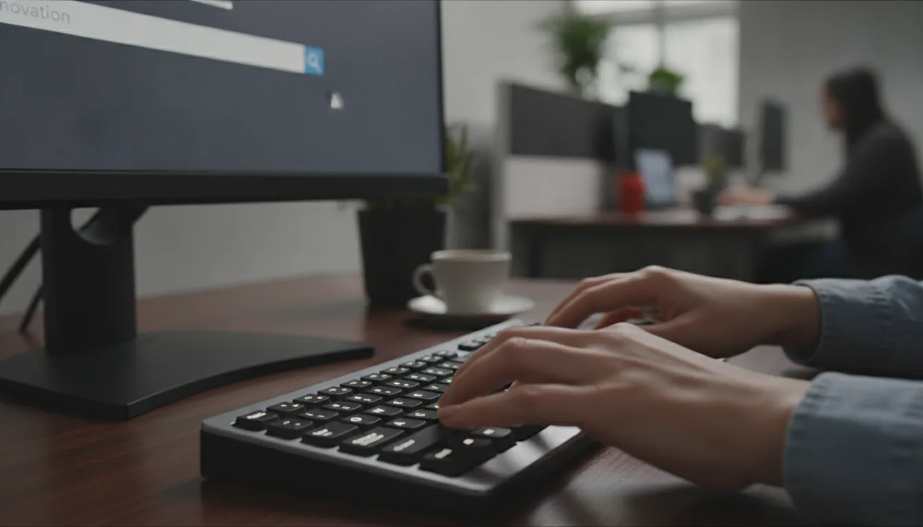 A close-up of a person's hands typing on a modern keyboard, with a blurred office background, focusing on the search process
