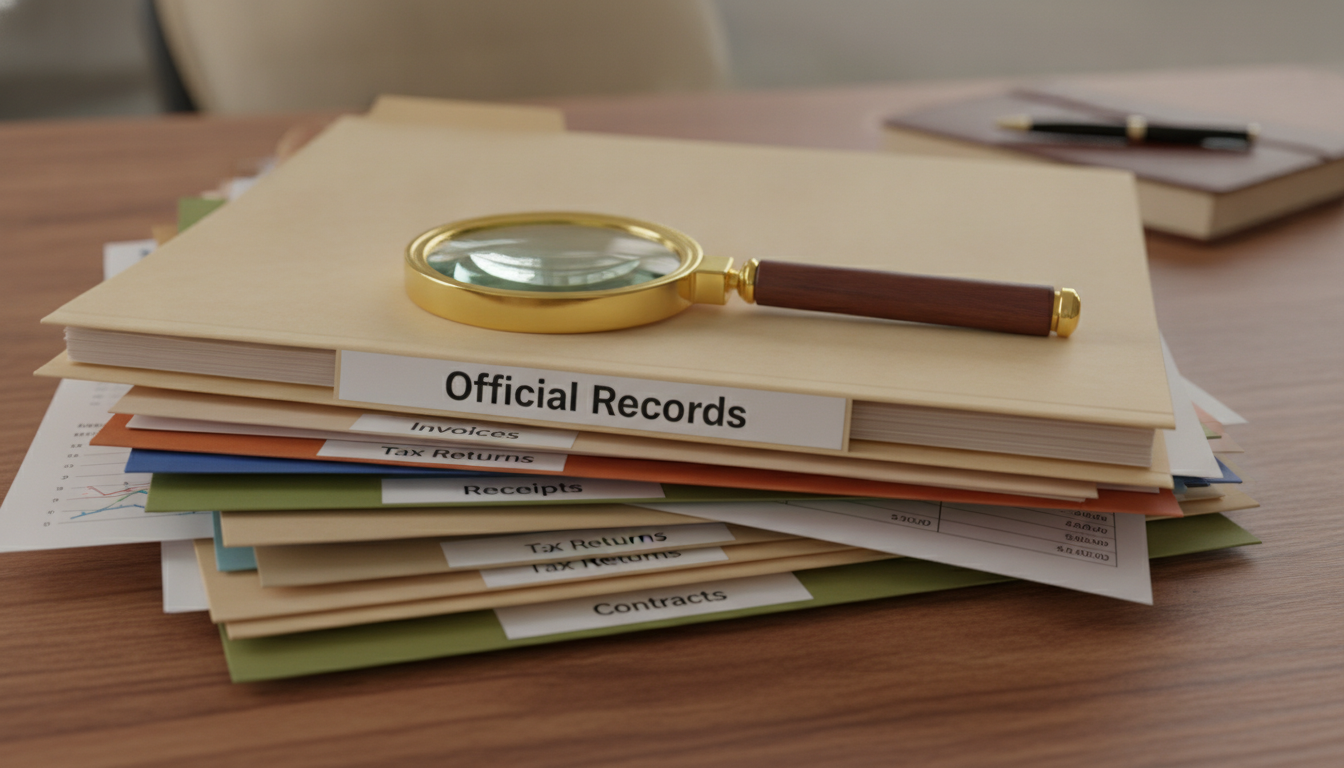 A close-up of a stack of organized financial folders and documents on a wooden table, with one folder labeled 'Official 