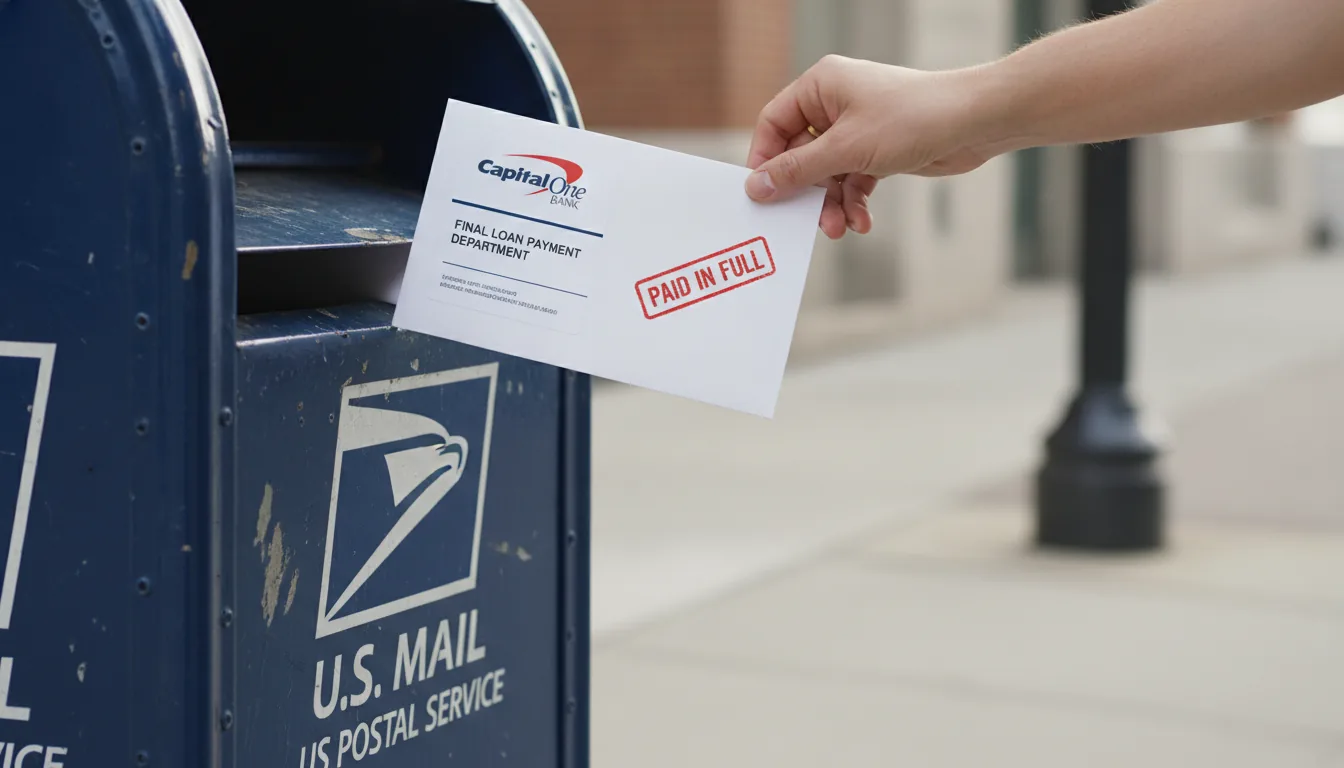 A close-up of an envelope being placed into a blue US Postal Service mailbox, symbolizing the final step of a financial claim