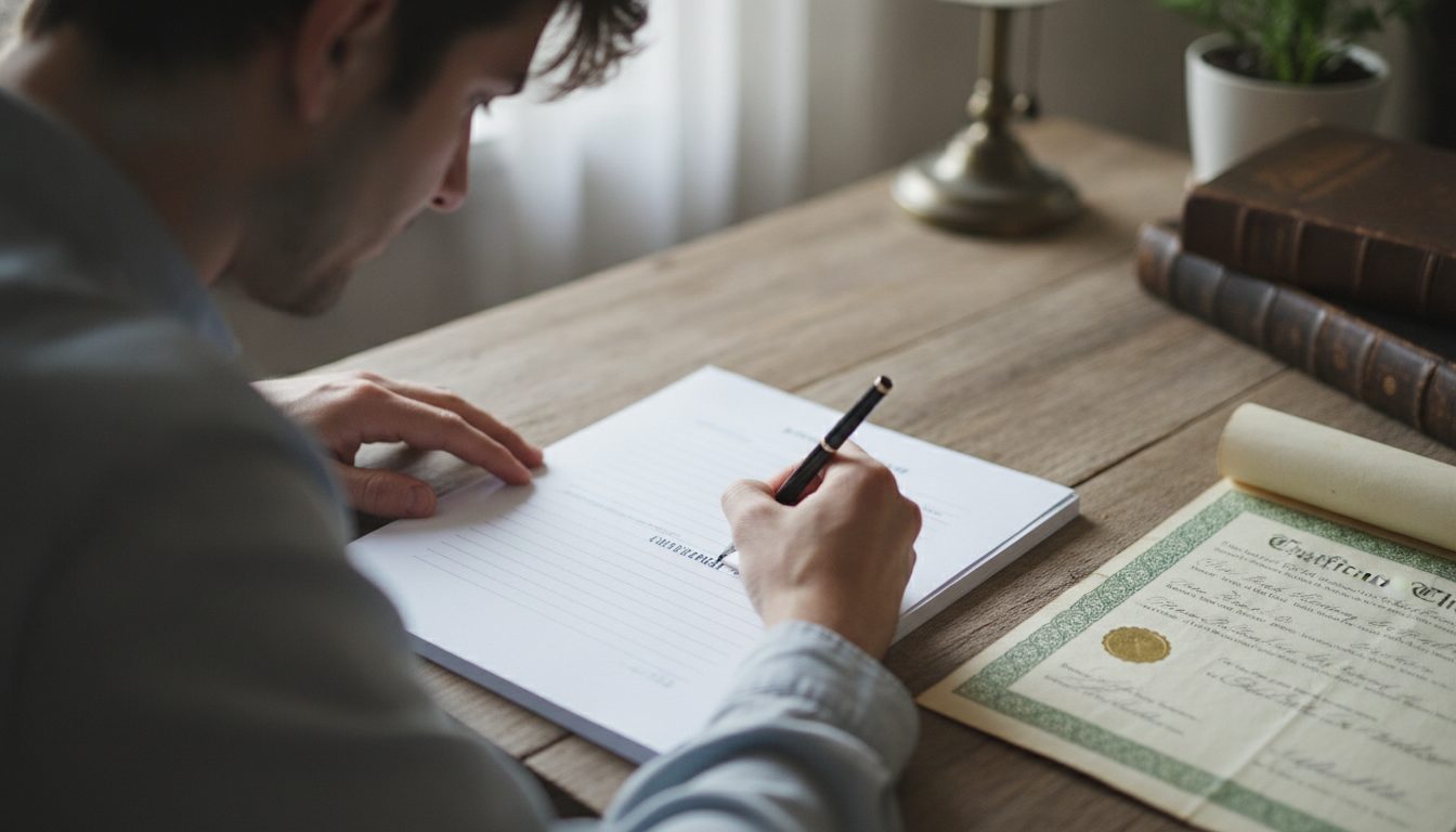 A person filling out a physical government claim form next to a vintage paper savings bond.
