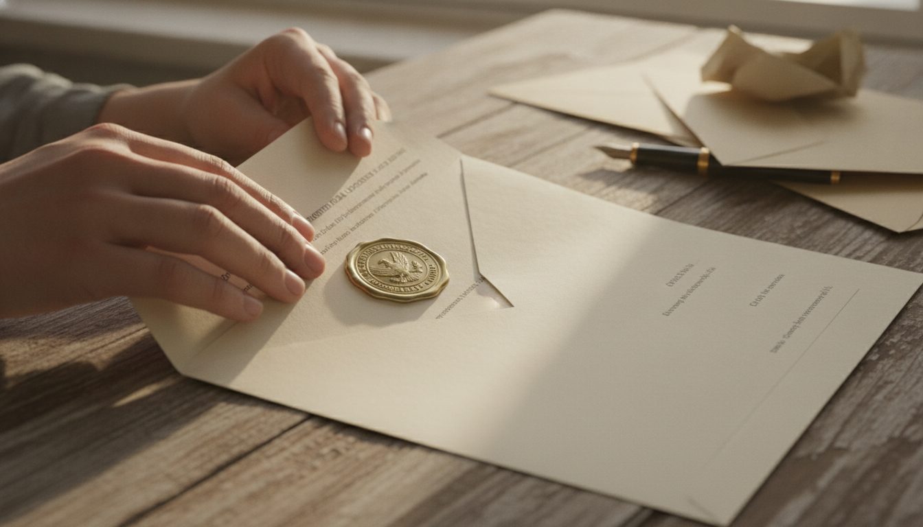 A person preparing a notarized document for mailing.
