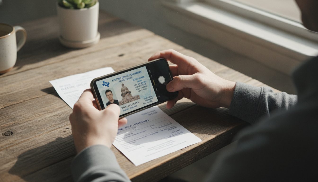 Person using a smartphone to photograph a government ID and a utility bill for their claim