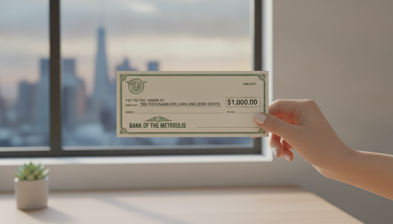 A minimalist lifestyle photo of a hand holding a freshly printed official-looking check with a blurred city skyline seen