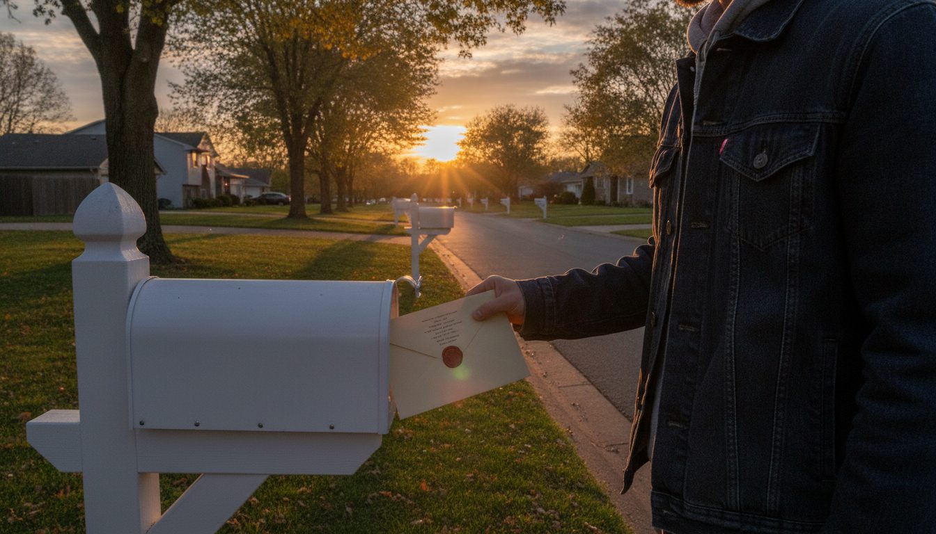Person retrieving a large official envelope from a roadside mailbox at sunset
