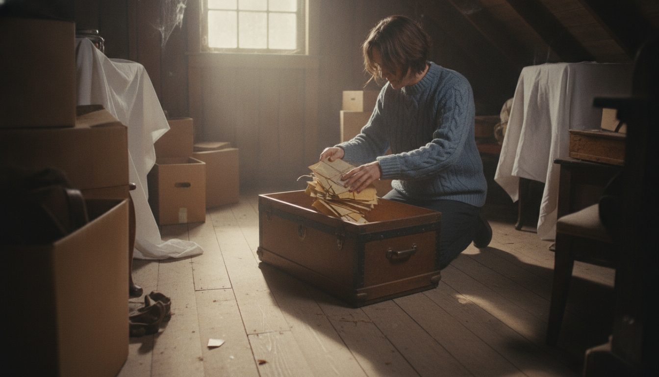 A person in a dim attic kneeling by an open storage trunk.