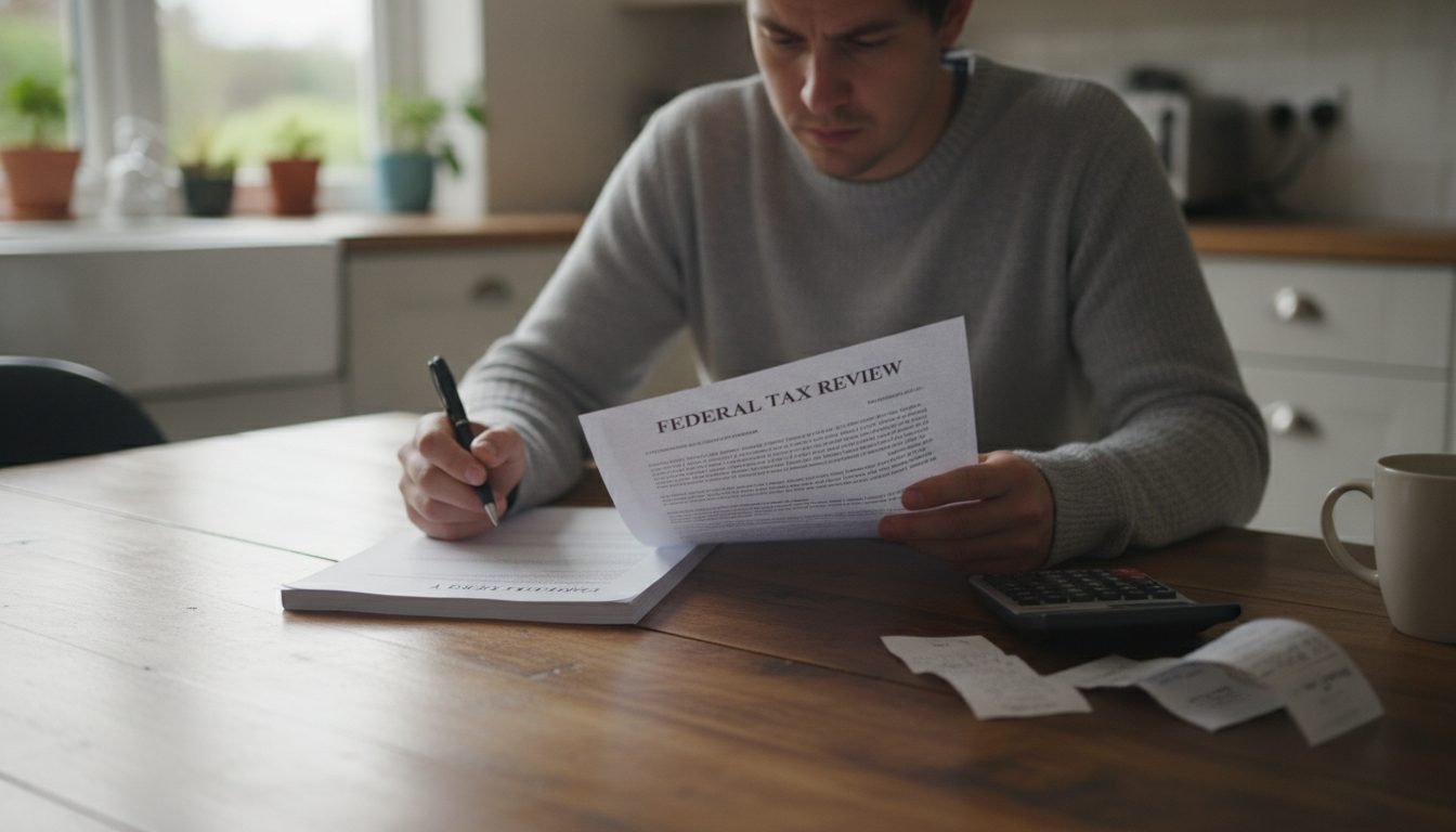 A person at a kitchen table reviewing USDA application paperwork