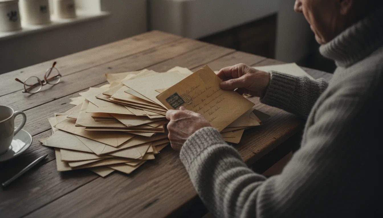 Someone sorting through old paperwork at a kitchen table.