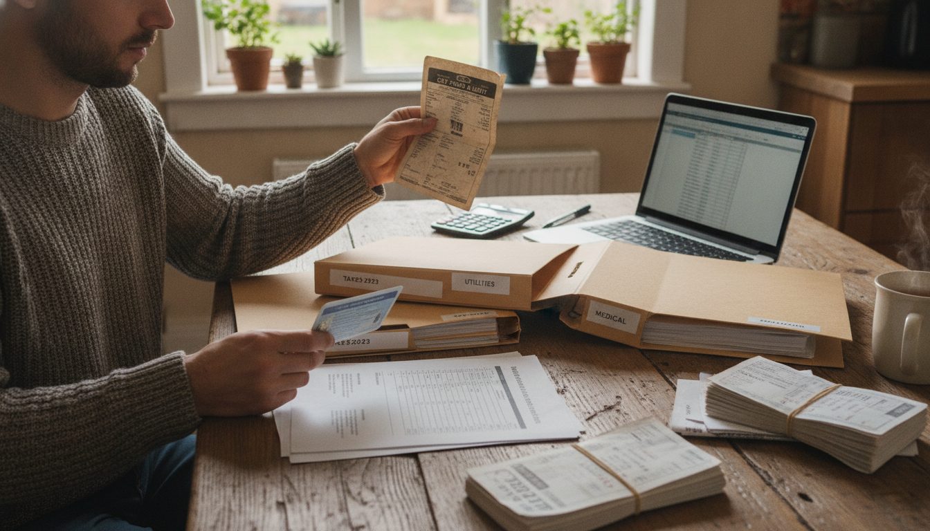 A person organizing documents like utility bills and an ID at a kitchen table.