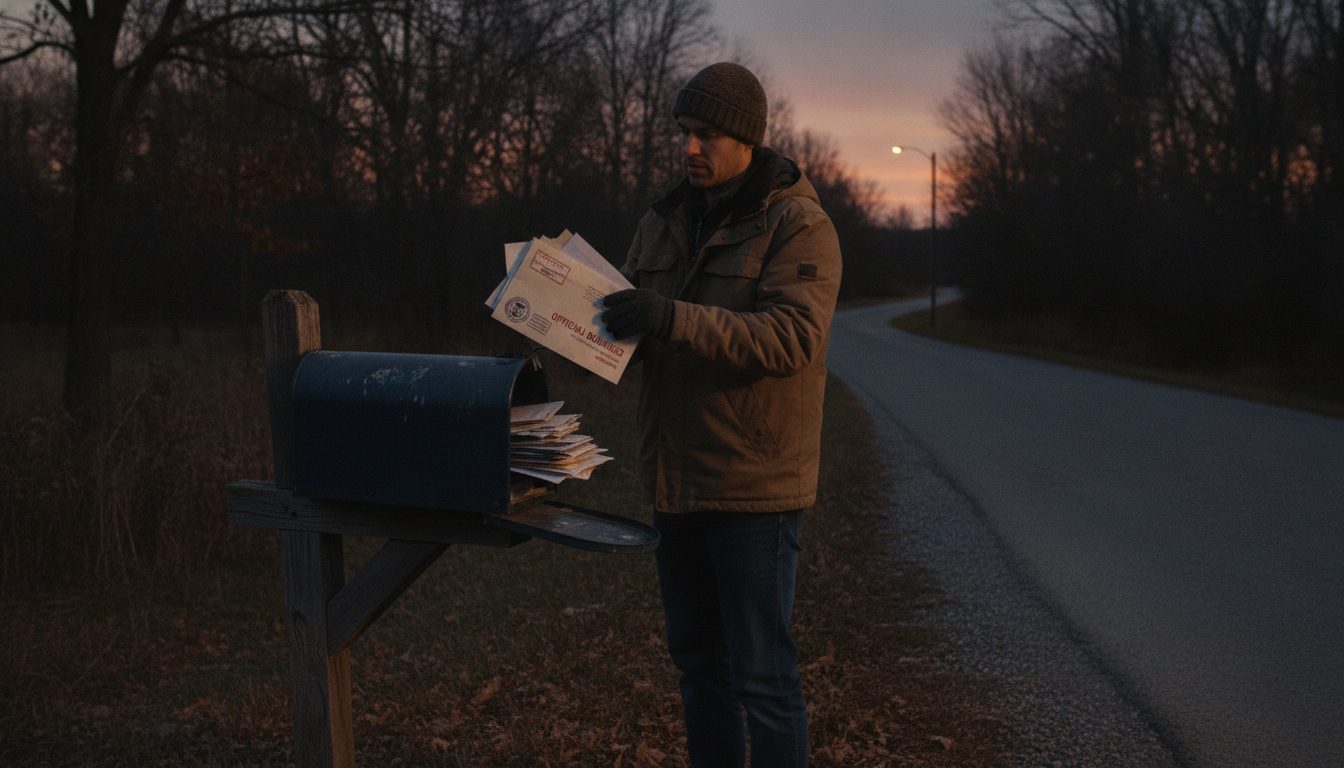 A person checking a roadside mailbox at dusk and holding an envelope.