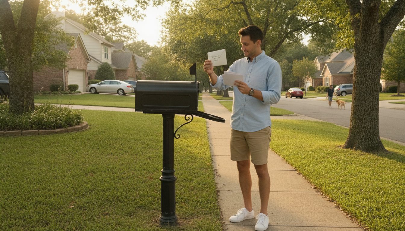 A person at a suburban mailbox checking their mail.