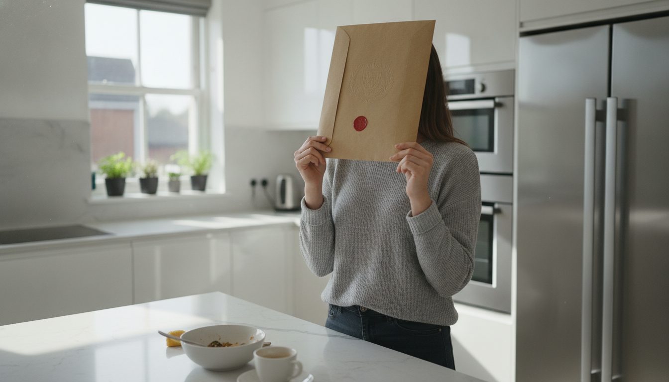 A person in a kitchen holding an official envelope with a sense of relief.