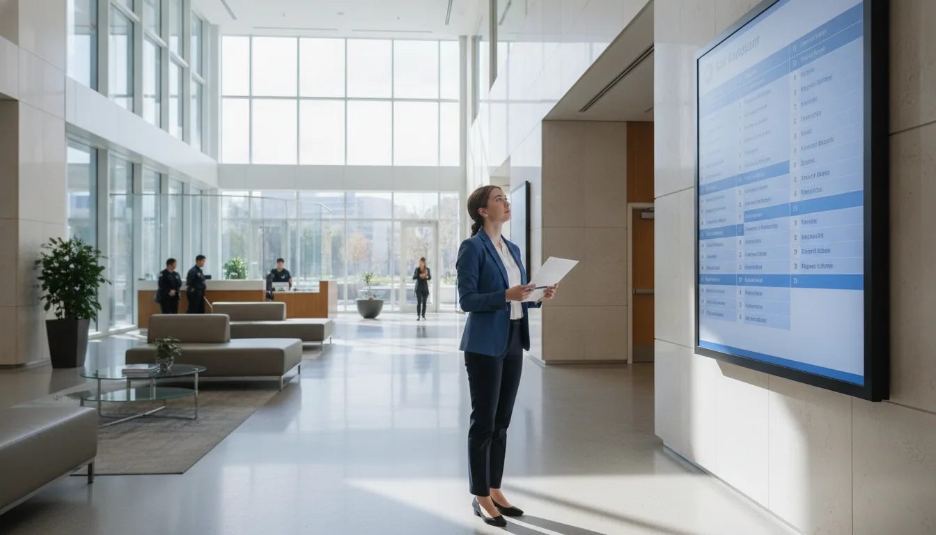A person holding documents in a government office lobby.