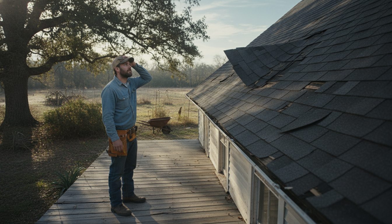 A person on a porch looking at a damaged roof needing repairs