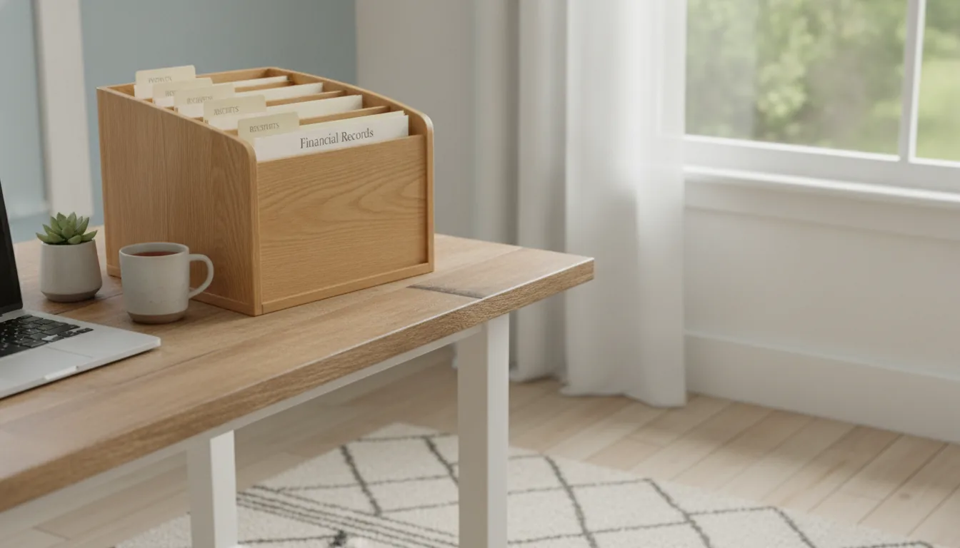 A professional-looking wooden organizer with various folders, one labeled 'Financial Records', in a bright home office