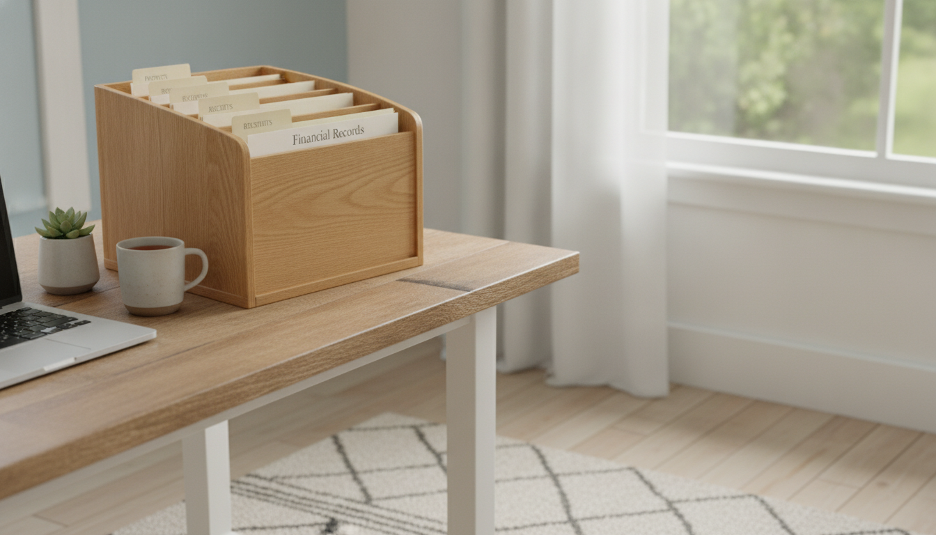 A professional-looking wooden organizer with various folders, one labeled 