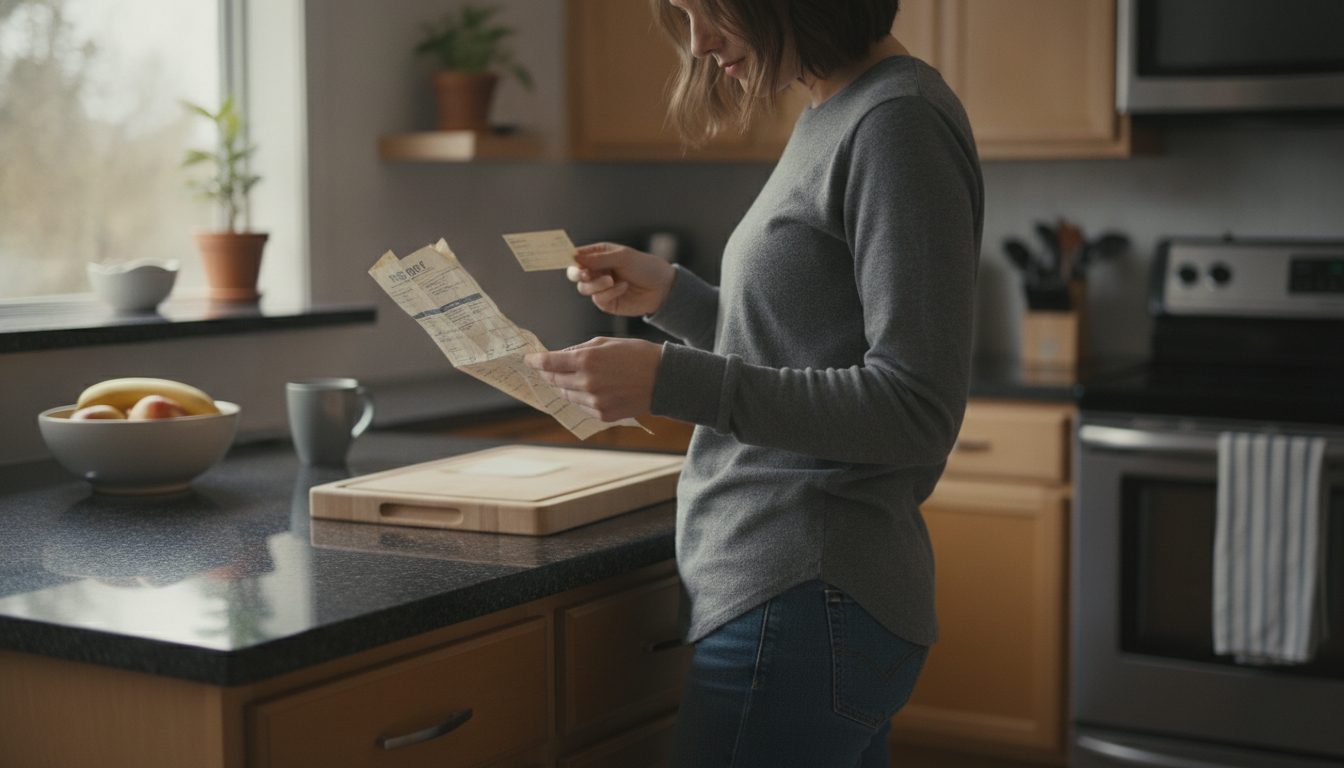 A person reviewing an old utility bill and a small refund check at home