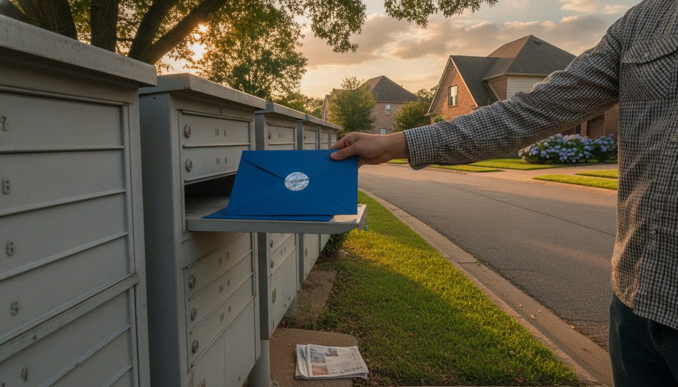 A person retrieving an official blue envelope from a neighborhood mailbox.