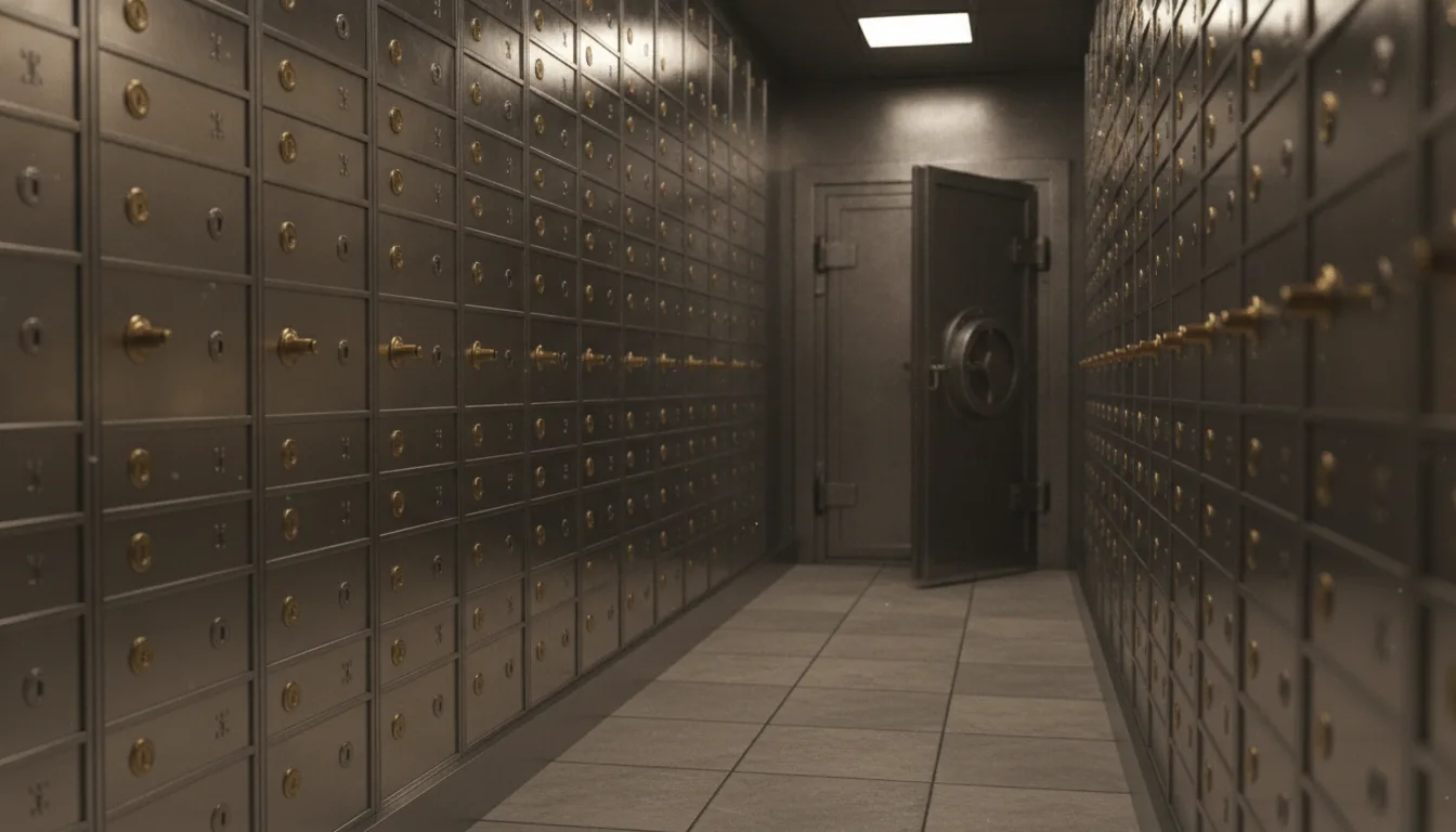 A secure bank vault with rows of metal safe deposit boxes.