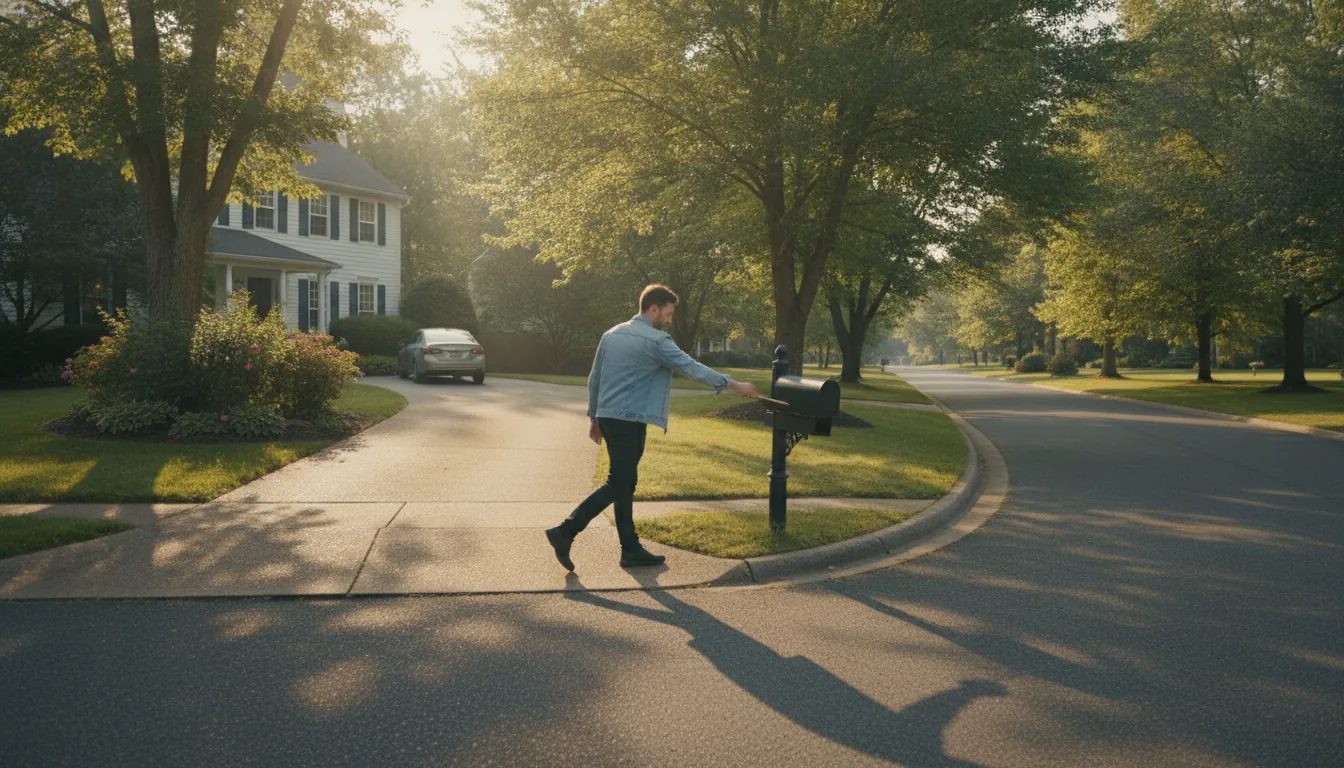 A person walking to a mailbox in a suburban neighborhood.