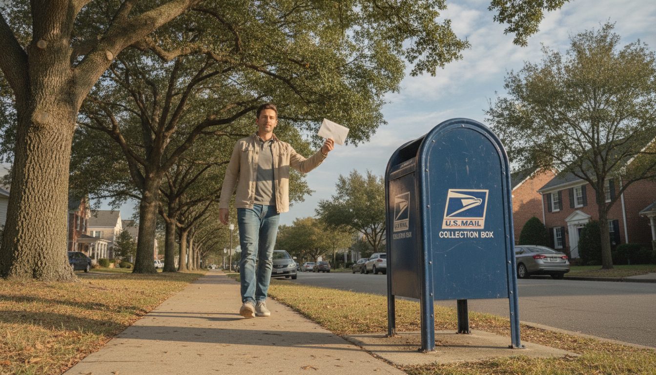 A person walking to a blue USPS mailbox to mail an envelope.