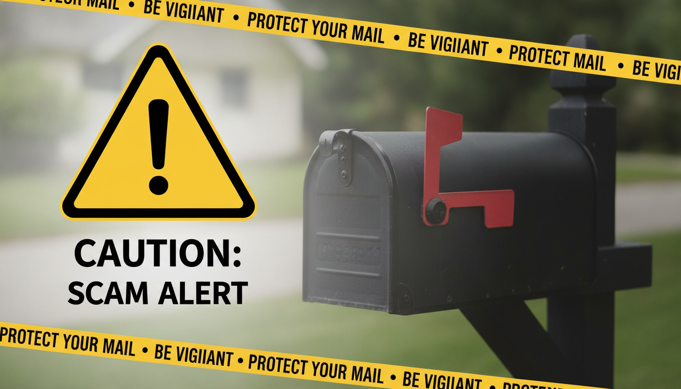 A yellow warning sign or a caution tape graphic overlaying a blurred background of a mailbox, symbolizing security and p