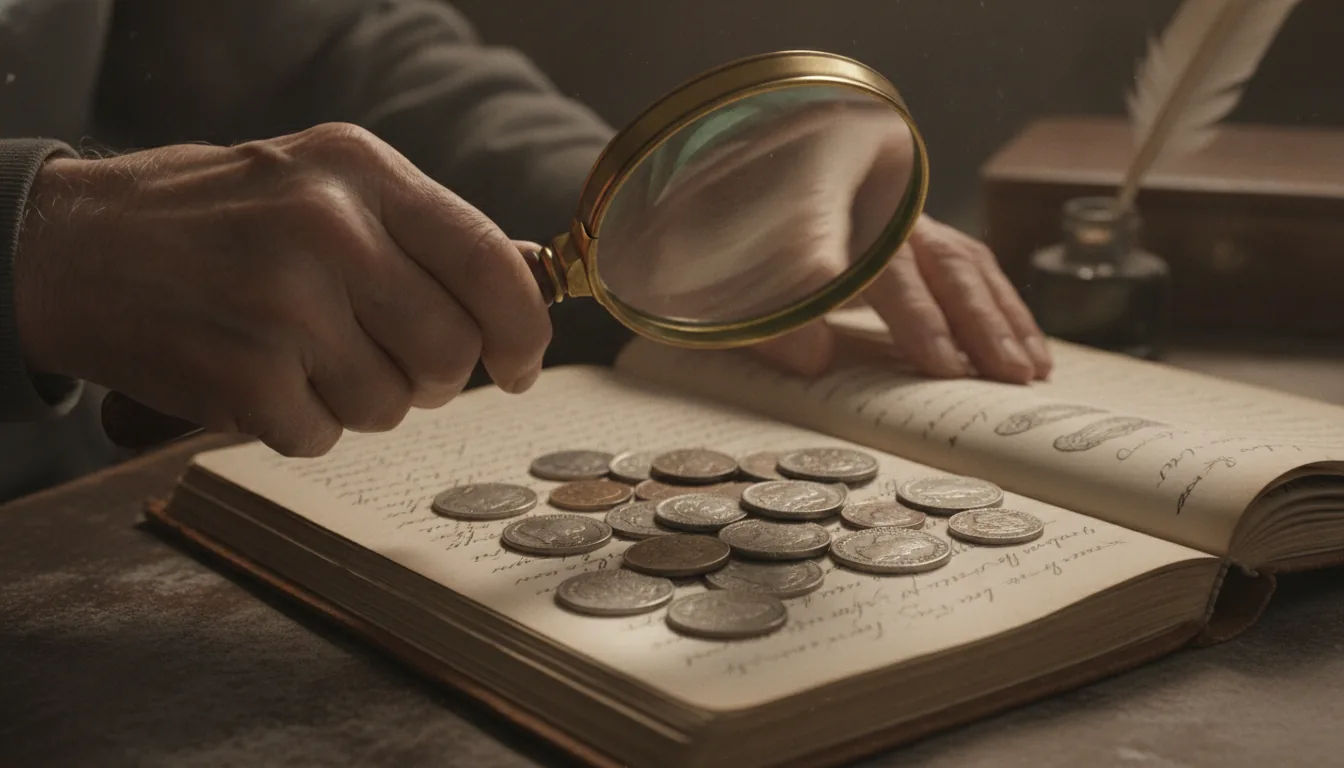 Hands holding a magnifying glass over coins and documents, symbolizing a search for lost assets.