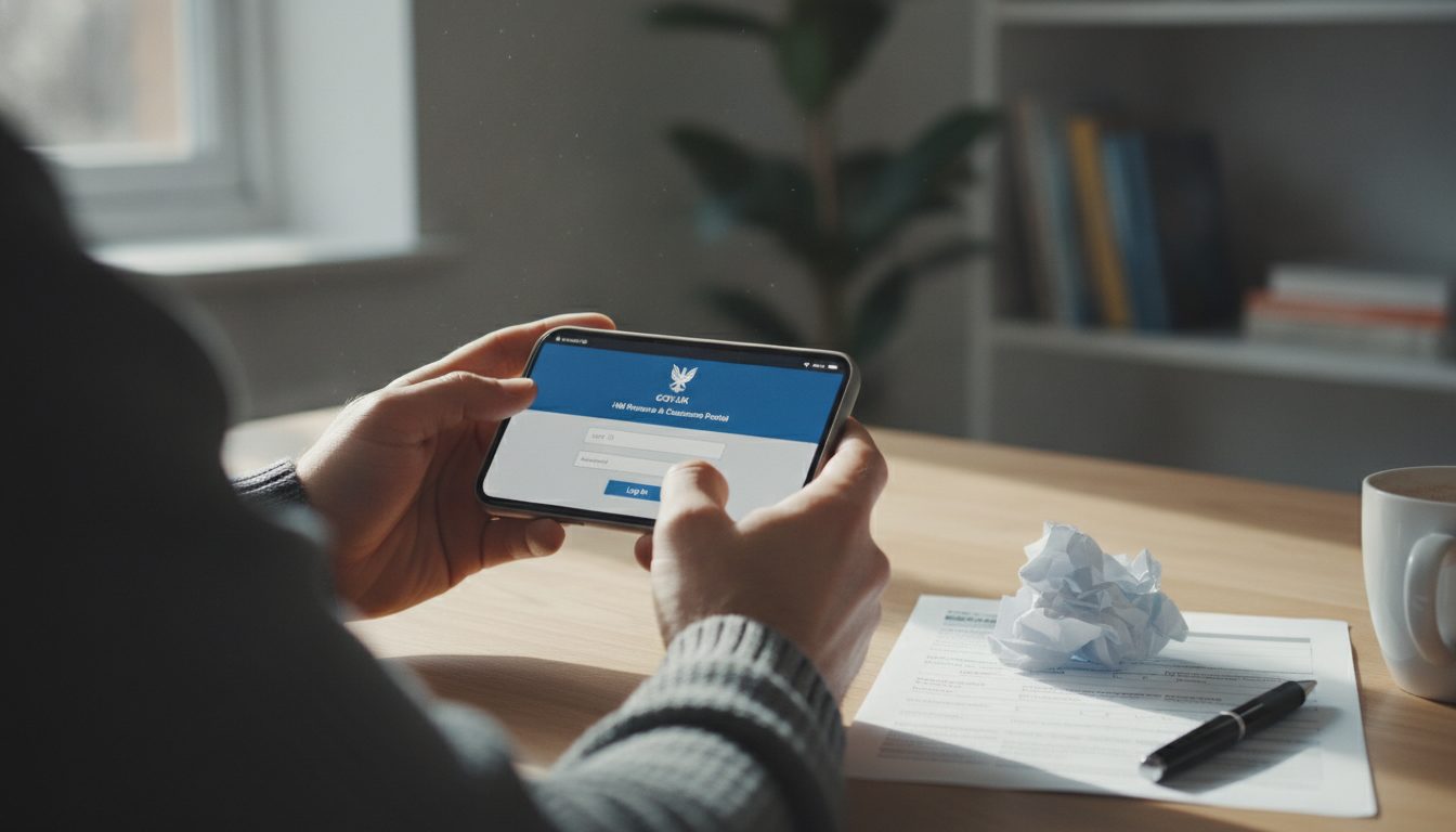 A person using a smartphone to check their federal refund status while referencing a paper tax document.