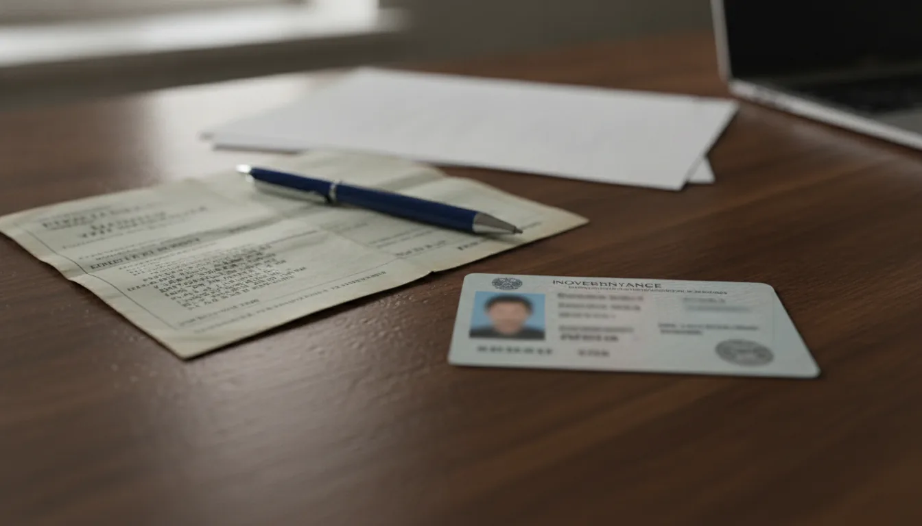 Government ID and paperwork organized on a desk for filing an unclaimed property claim