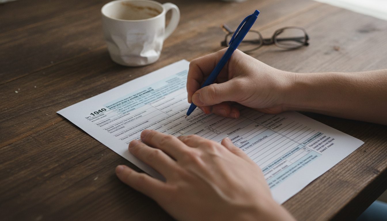 Hands filling out a paper IRS 1040 tax form.