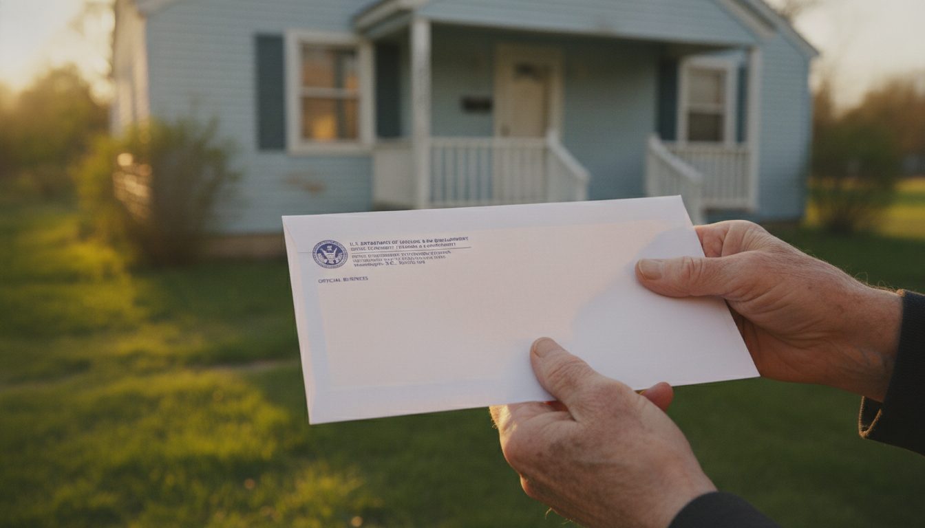 Hands holding an official government envelope in front of a home