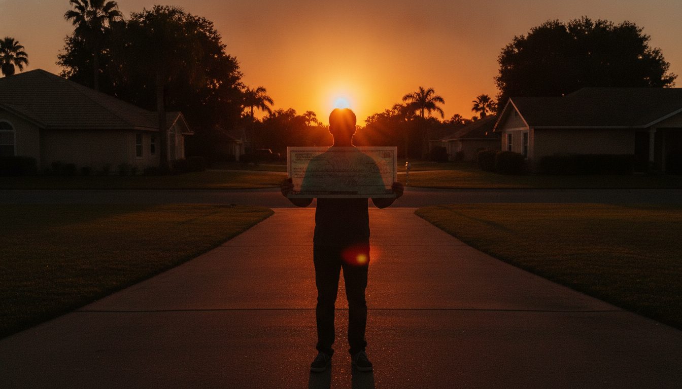 Silhouette of a person holding a government check at sunset.
