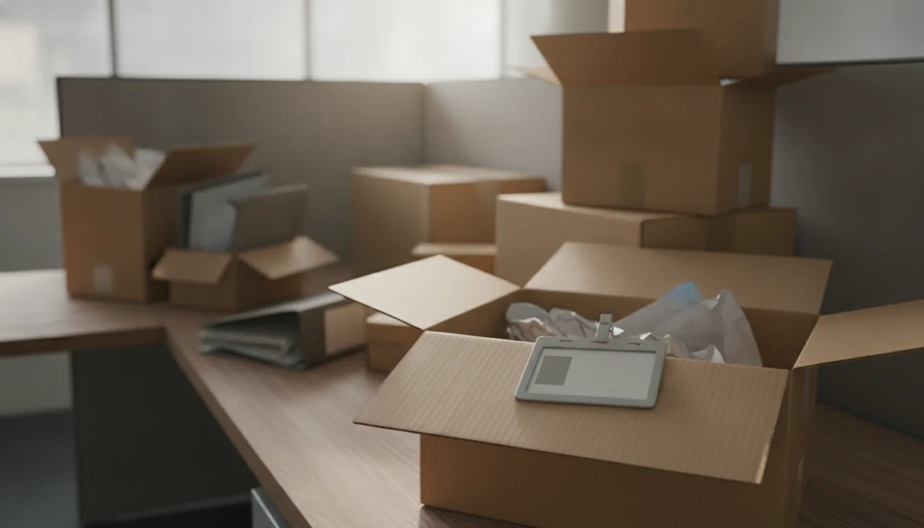 Cardboard moving boxes and an old employee badge on a desk, representing a job change or company closure that leaves retirement benefits behind