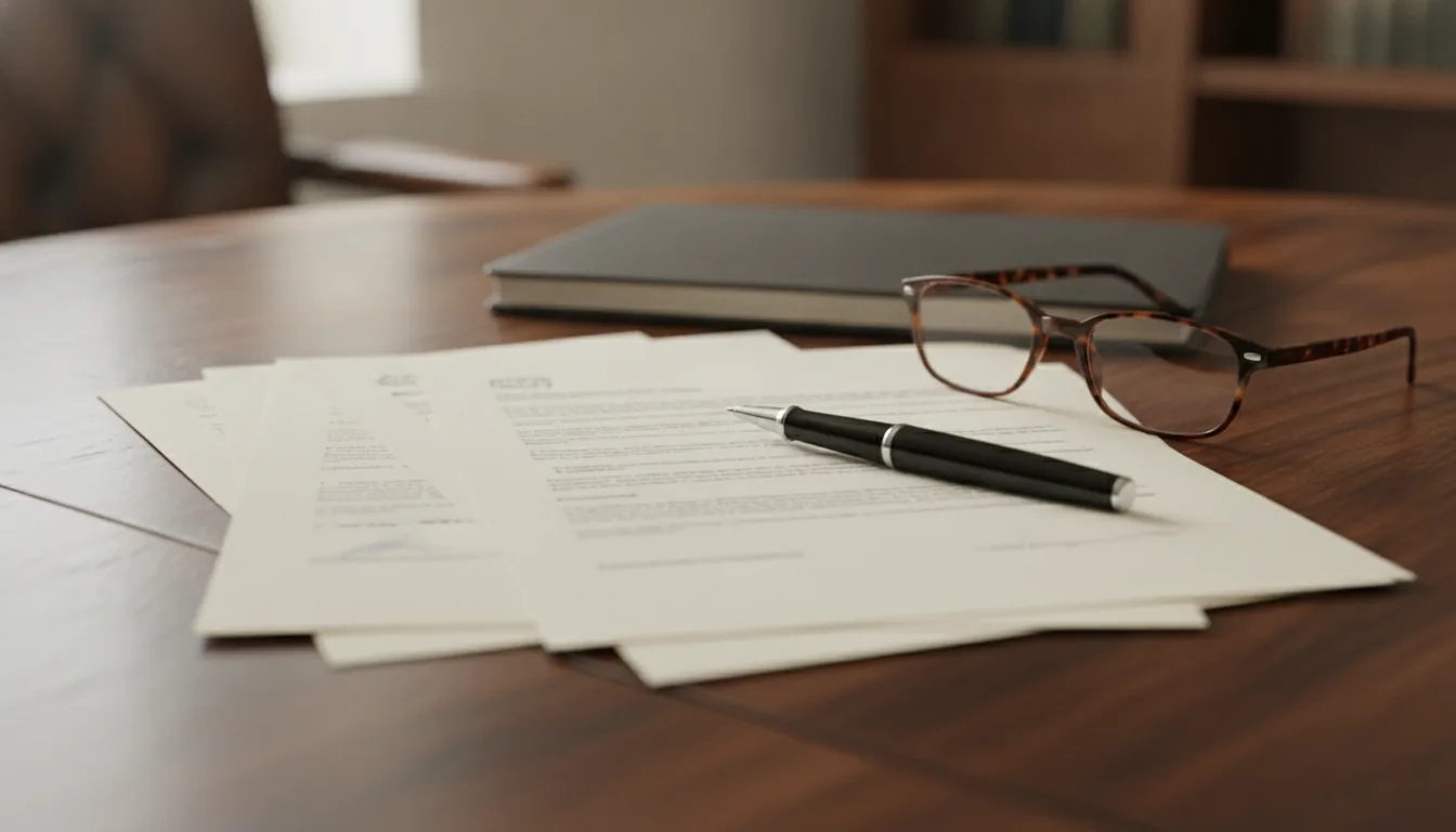 Death certificate and life insurance policy documents laid out on a table during a beneficiary search