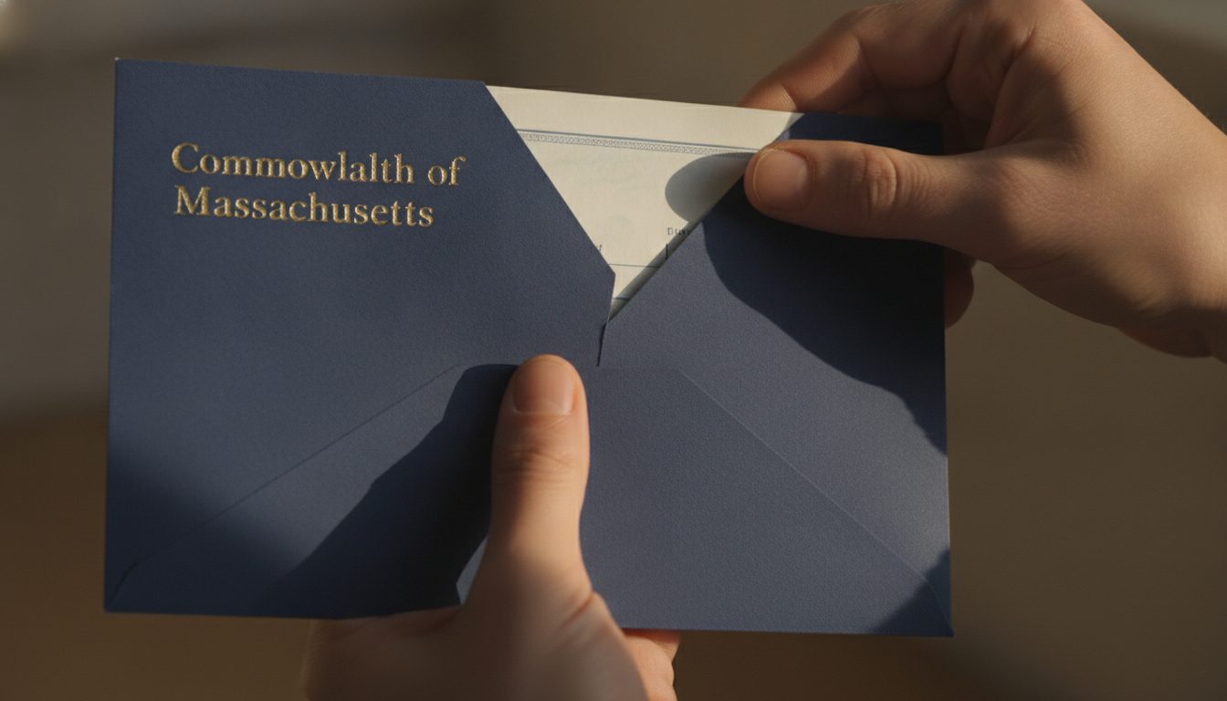 Hands opening an official Massachusetts treasury envelope with a check visible.