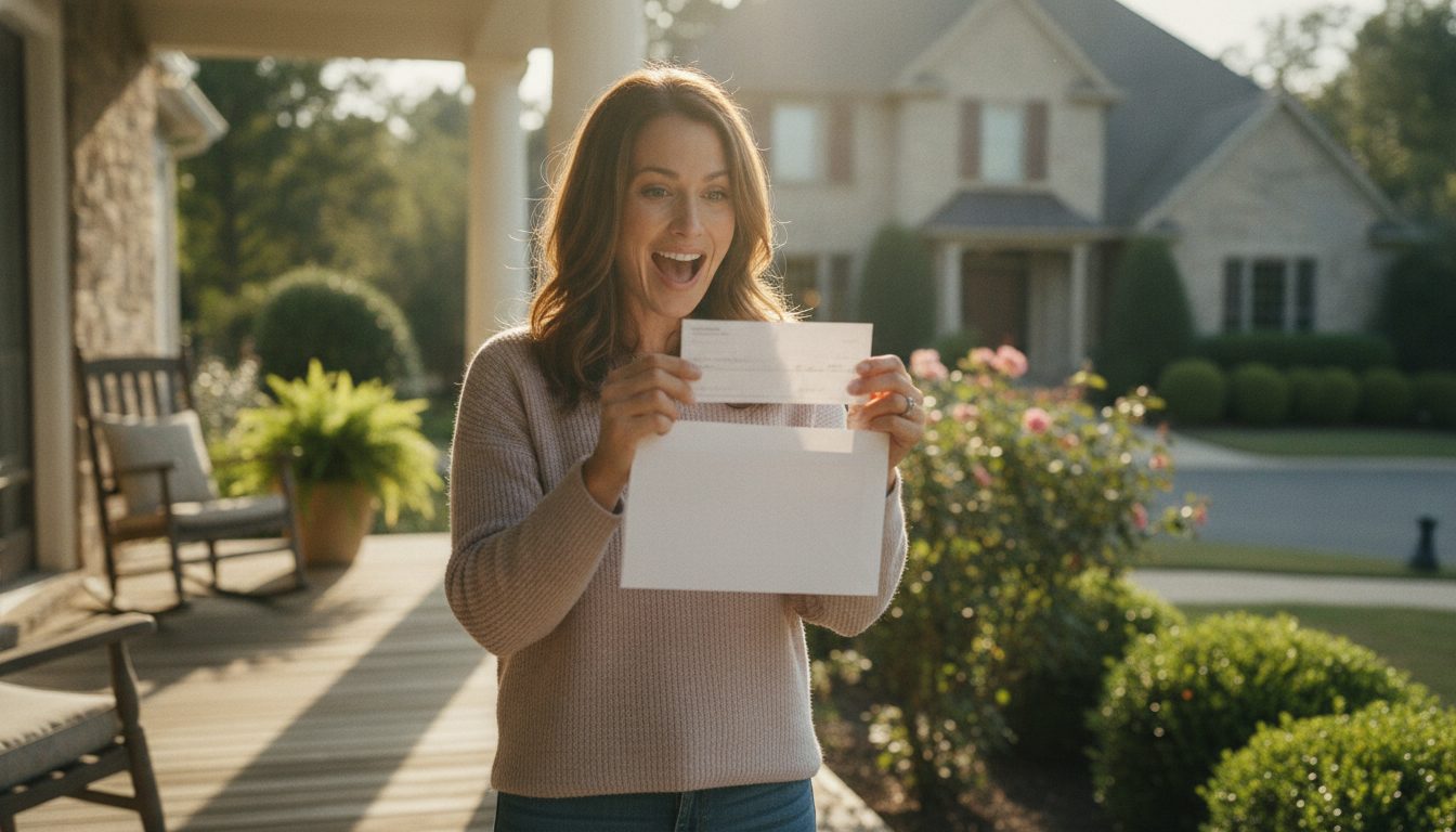 A person on a porch reacting with surprise to a check.