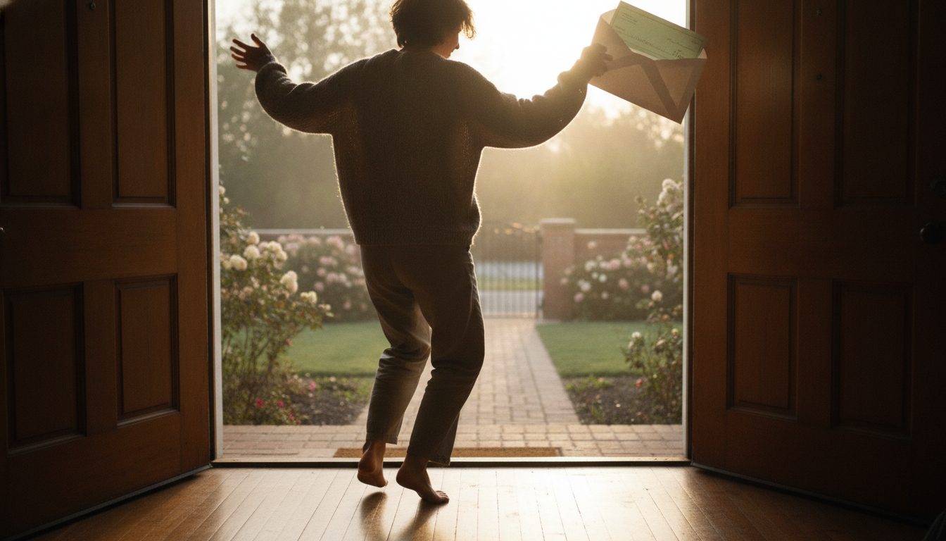 A person excitedly opening an envelope with a check at their front door