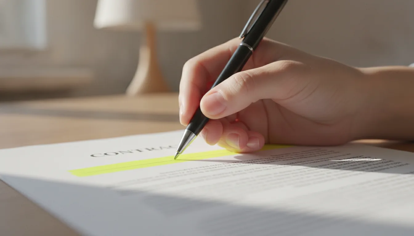 Person reviewing a contract with a highlighted fee clause, representing caution around paid benefit finder services