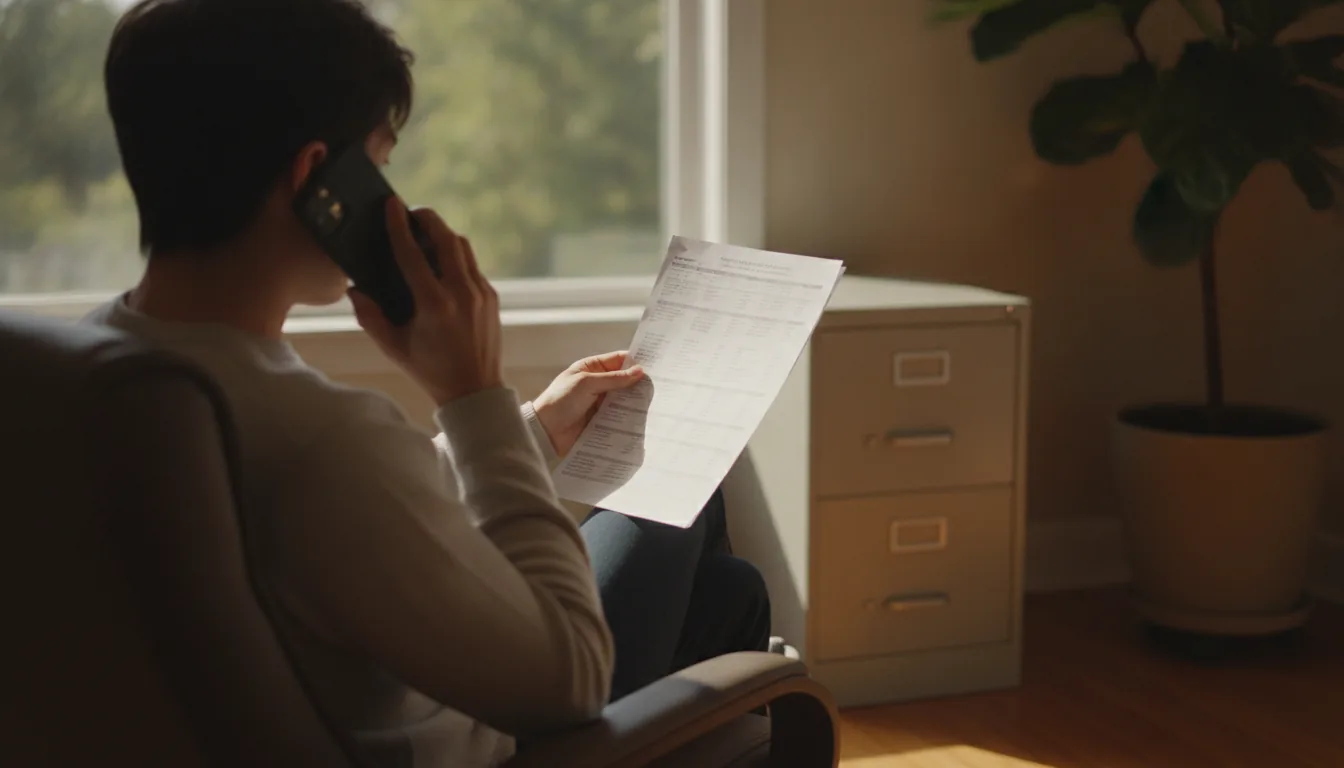 Person reviewing a printed retirement account statement while on the phone