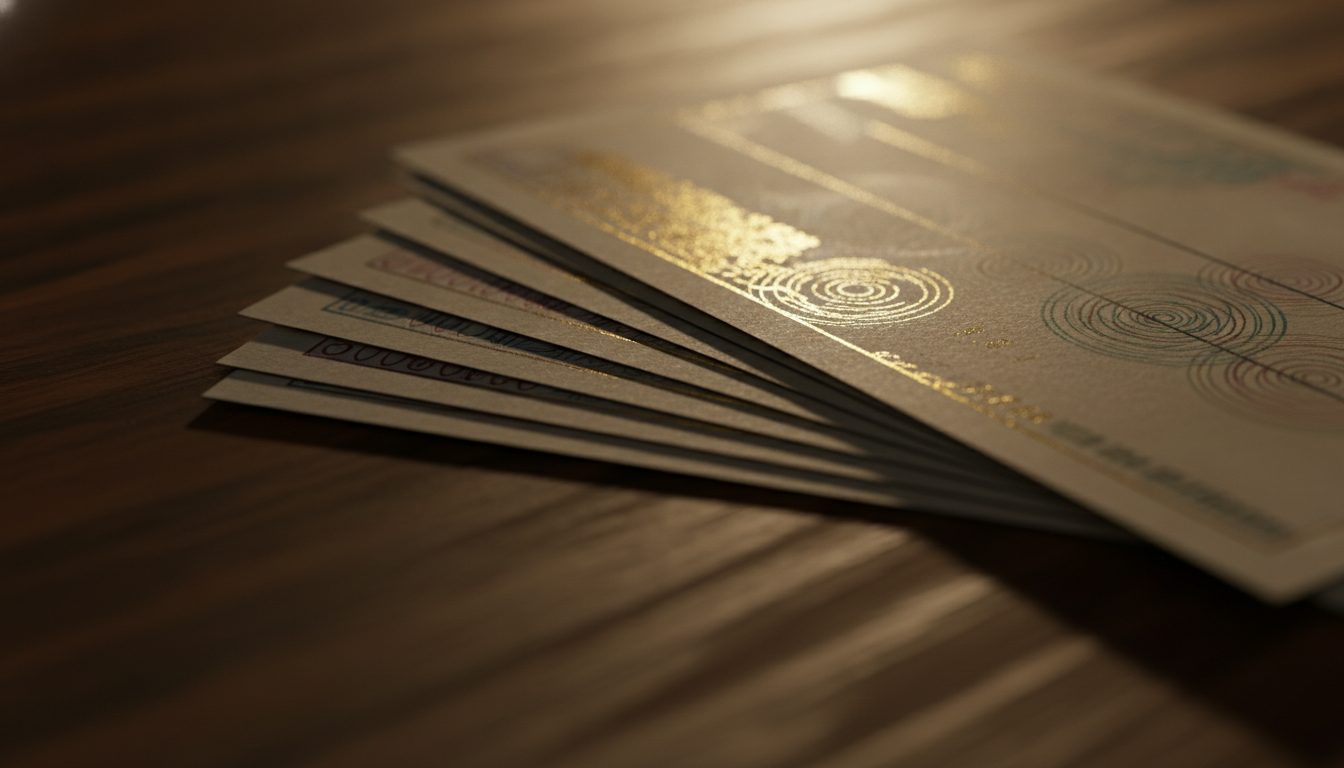 Extreme close-up of a stack of official checks fanned on a wooden table