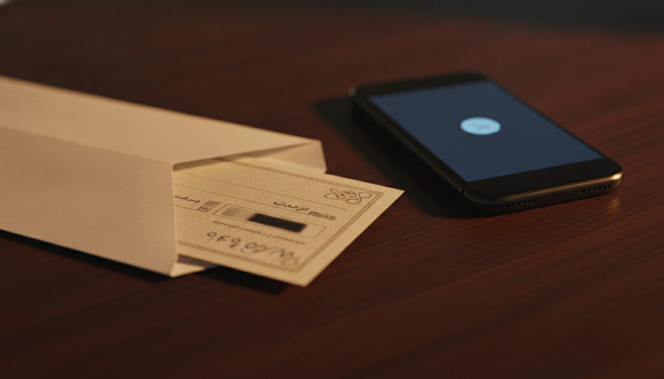 An official check emerging from an envelope next to a phone with a notification glow