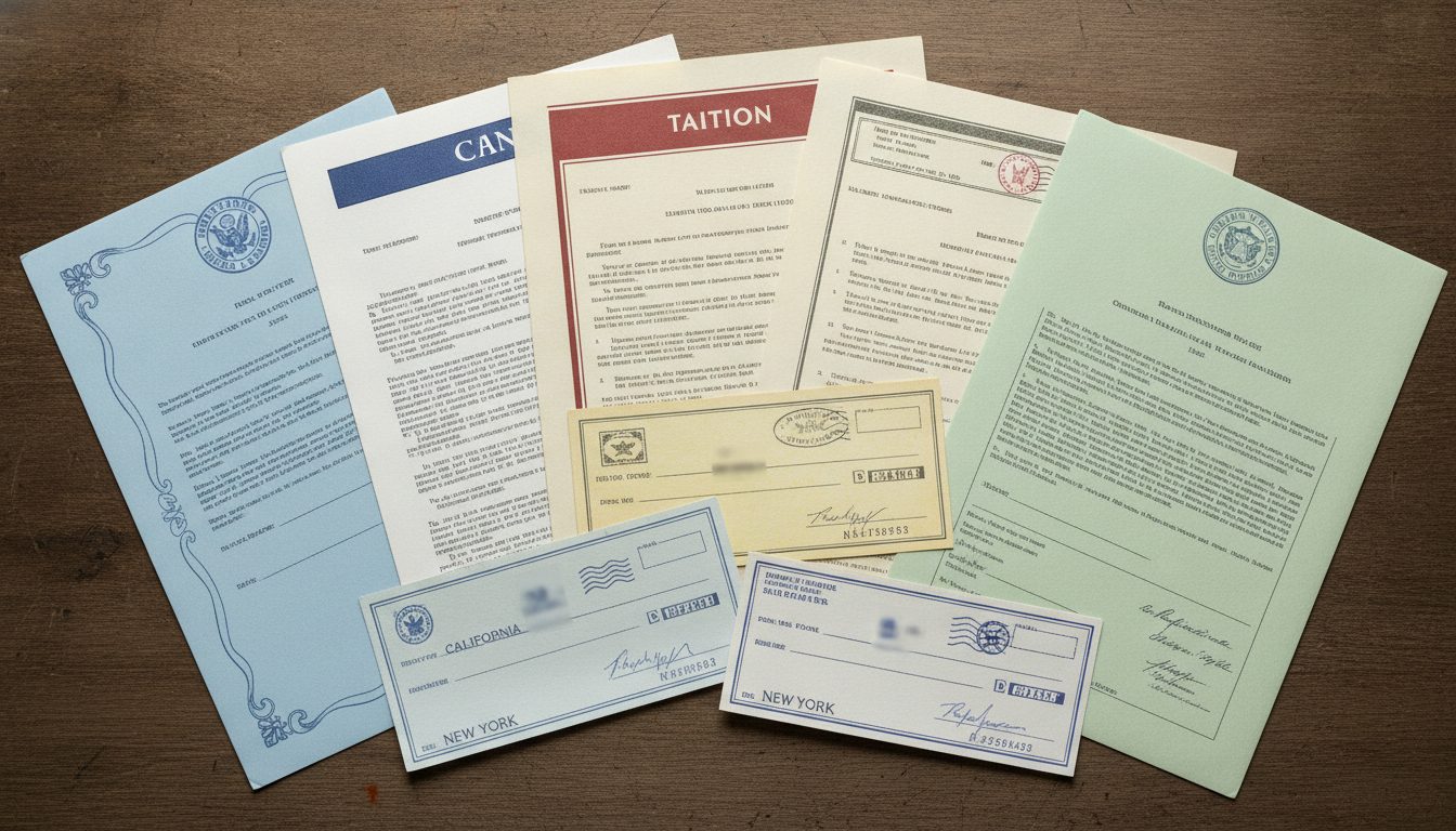 Several official documents and checks from different states compiled together