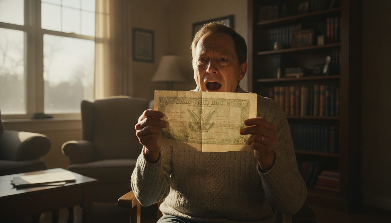 A person holding a yellowed paper savings bond with a surprised expression.