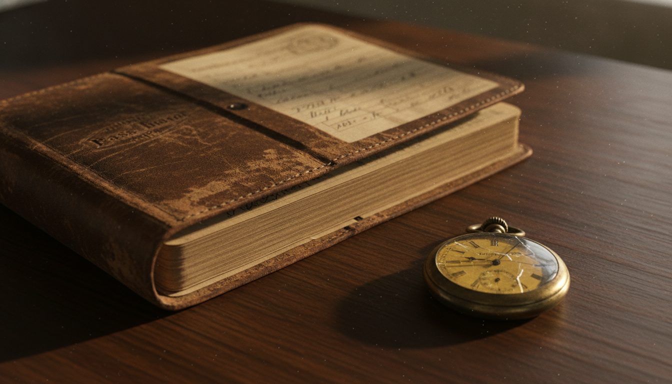 A weathered vintage pension passbook beside an antique pocket watch