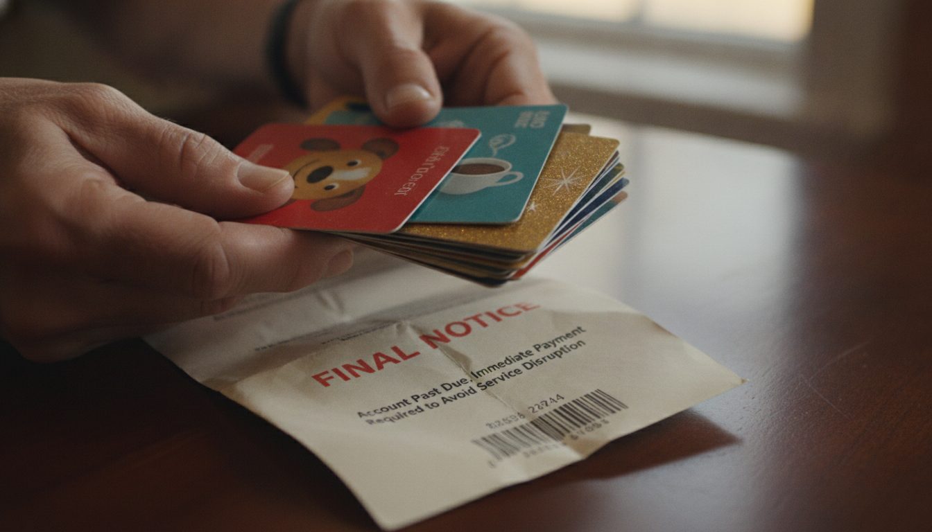 A person holding items like gift cards and old utility records that may be tied to unclaimed bankruptcy funds.