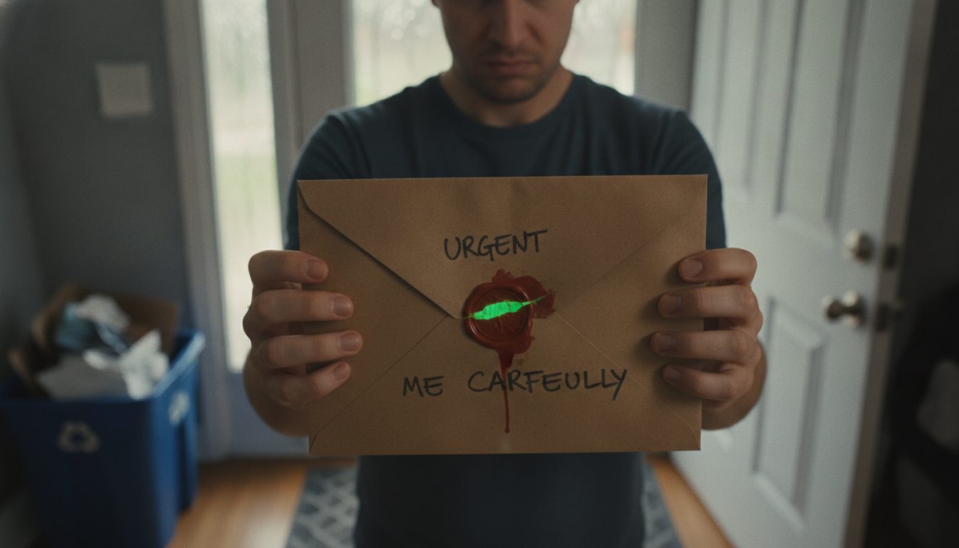 A person skeptically examining a piece of mail before discarding it.