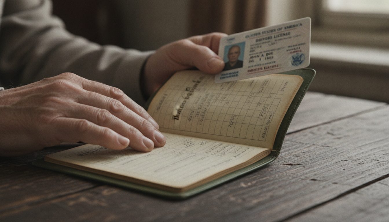 A person's hands holding an old bank passbook and an ID card.
