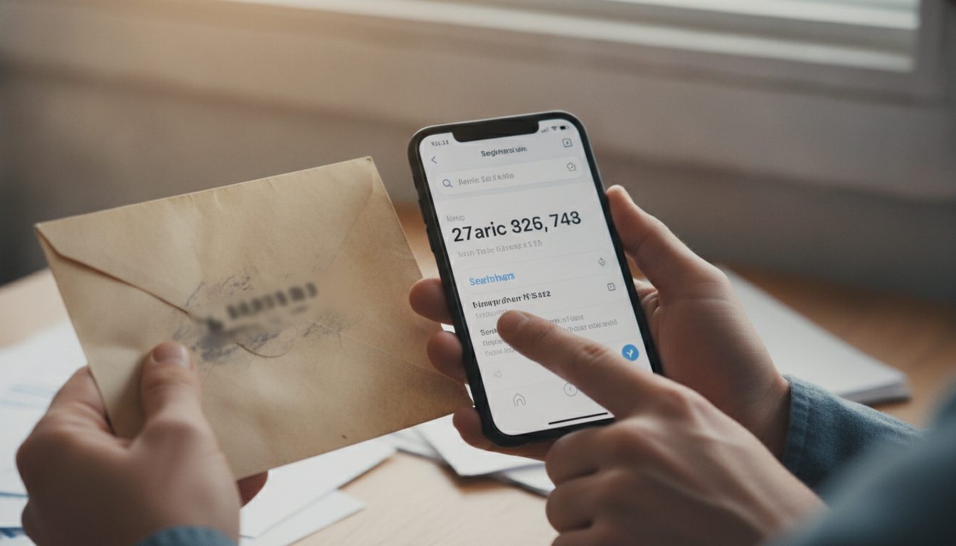 A person's hands comparing an old envelope to a mobile phone search result